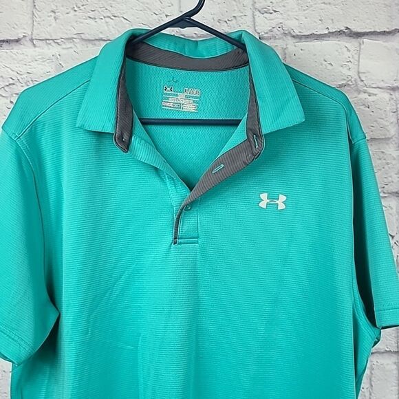 Men's XL UA Tech Polo Turquoise Performance Shirt HeatGear Golf Work Uniform Top - Picture 3 of 9